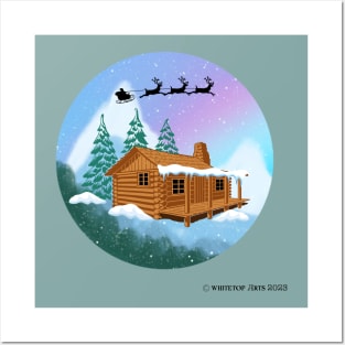 Santa and Reindeer Flying Over A Cabin in the Woods Posters and Art